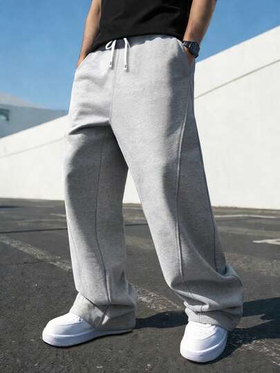 Manfinity Dauomo Men's Solid Color Drawstring Waist Pockets Wide Leg Casual Sweatpants