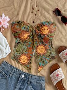Soleia Áo nữ phong cách giản dị, tối giản, kiểu bohemian, thanh lịch, lãng mạn, cổ điển, họa tiết thần mặt trời, hoa lá, thoải mái với viền bèo xoắn, thích hợp cho mùa xuân/hè. - Nhiều màu - Xem 7