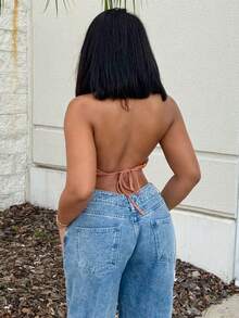 Geo Print Tie Backless Crop Halter Top Spring Break Crop Women Tops - Multicolor - View 2