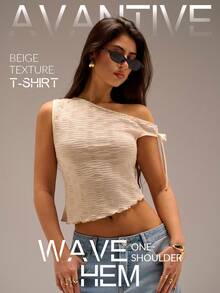 Avantive 1pc Women's Asymmetrical-Shoulder Texture Fitted Vacation Top, Summer New Arrival - Apricot - View 7