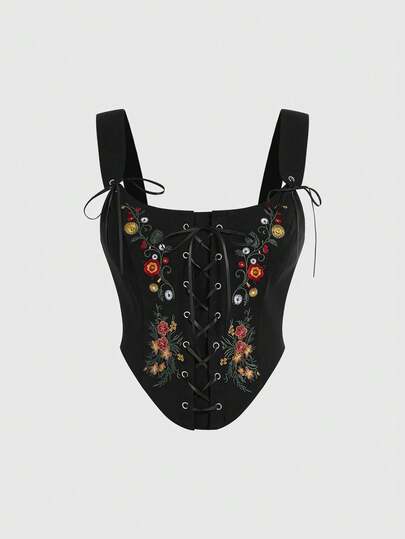 ROMWE Fairycore Top de tirantes con estampado floral bordado en talla grande