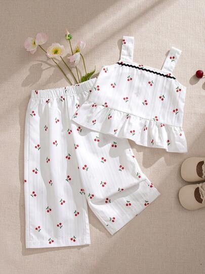Souflis Souflis 2pcs/Set Infant & Baby Girl0-3 Years French Style Summer Outfit, Includes Ruffled Strap Vest With Cherry Print And Printed Pants, Fashionable & Cute, Suitable For Play, Home, School And Other Occasions