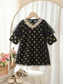 SHEIN Babygirl Elegant Luxurious Black Mesh Polka Dot Long Sleeve Dress With Long Coat Set
