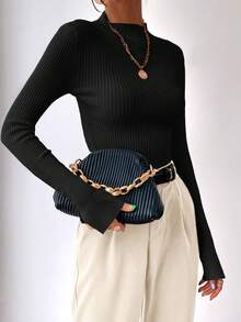 BizChic 女士纯色立领修身长袖针织衫，百搭都市通勤装，简约优雅商务休闲办公服饰