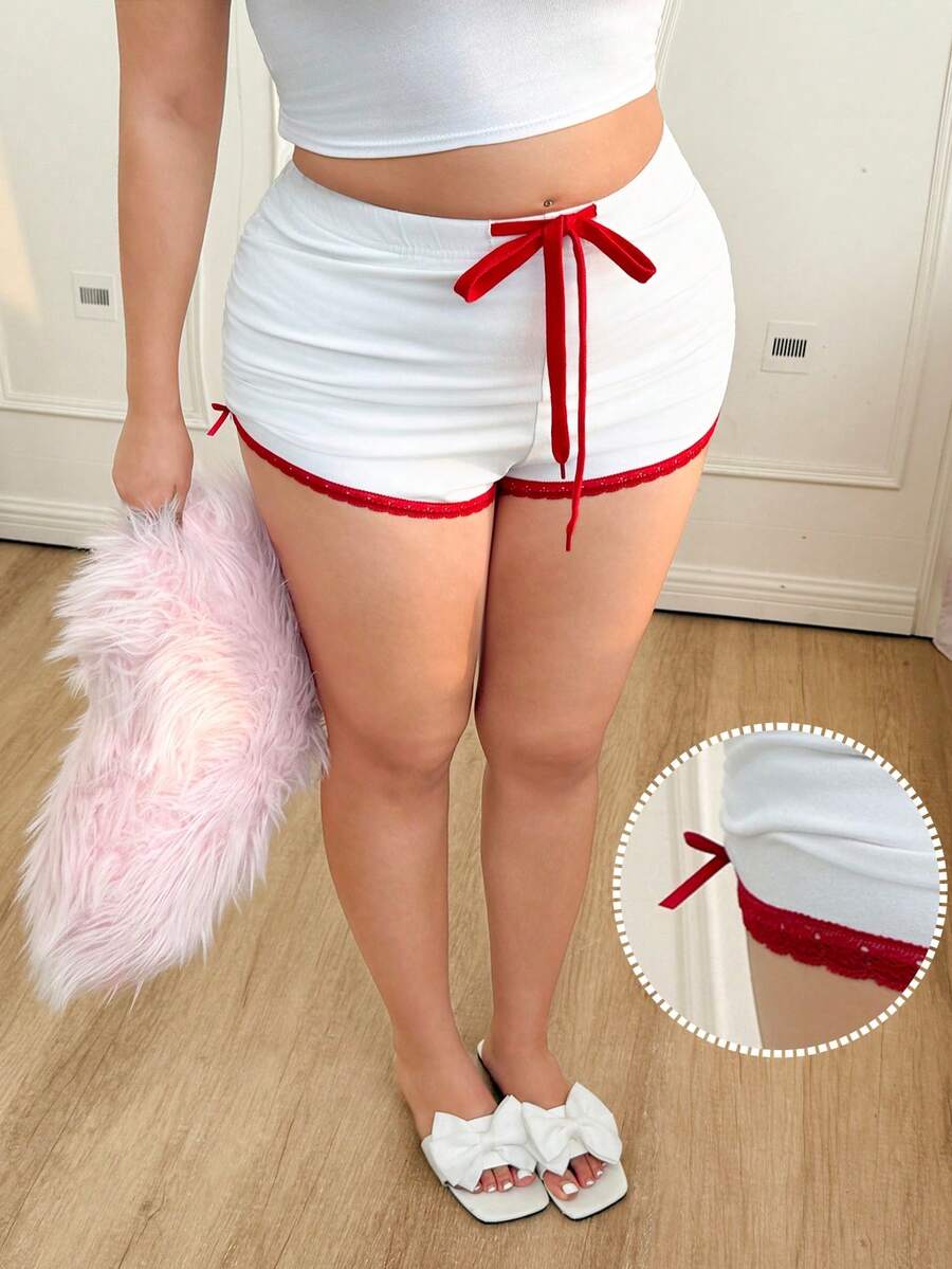 CovetEZ Plus Size White Casual Track Shorts Ruched With Red Tie Front And Striped Lace Trim - White - View 1