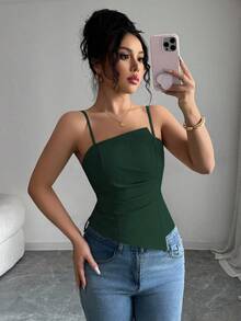 Elenzga Áo tank top nữ thiết kế xếp ly thanh lịch và dễ thương - màu xanh lá - Xem 5
