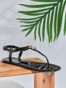 SHUZIA Women Comfy Vacation Metal Decor Ankle Strap Clear Jelly Flat Sandals - Black - View 7
