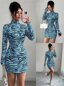 Elenzga Đầm mini ôm sát cơ thể thanh lịch, gợi cảm dành cho nữ, thích hợp đi làm, dự tiệc, hẹn hò, in họa tiết da báo, tay dài, cổ cao, dáng ôm, thích hợp cho mùa thu/đông. - Màu xanh lam - Xem 7