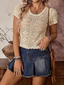 LanaWest Women's Casual Western Hollow Floral Knit Sweater Top - Apricot - View 5