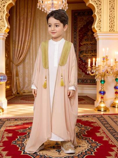 SHEIN Traditionella arabiska pojkkläder, bekväm och avslappnad lapptäcke, lös långärmad vävd skjortmantel, lämplig för vår/sommar, Ramadan, utflykter, alla hjärtans dag, Qar'qee'an, dejter, Jalabiya, resor, Qaftan, semester, familjesammankomster, eid-klänning, bröllopssäsong, formell middag, födelsedagsfest