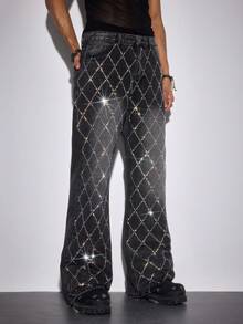 ROMWE MEN Jeans de corte holgado con bolsillos en diagonal y lavado con piedras rhinestone para hombre - Negro - Ver 5