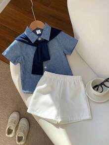 SHEIN 4件套男宝宝夏季可爱条纹短袖衬衫、松紧腰短裤、披肩、绅士套装（含腰带），适合生日派对、晚宴、演出、婚礼、迎婴派对、一周岁生日庆祝等场合。 - 彩色 - 查看 3