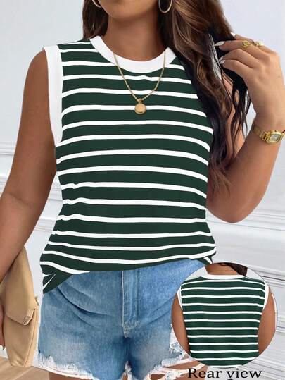 EMERY ROSE Plus Size Women Casual Minimalist Black And White Striped T-Shirt