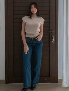 Hitanina 优雅高领宽松休闲百搭无袖针织毛衣背心外出上衣女秋冬上学上衣 - 杏色 - 查看 7