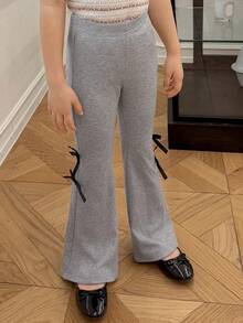DAZY Pantalones casuales y versátiles con pernera acampanada y decoración de lazo para niñas - Gris - Ver 3