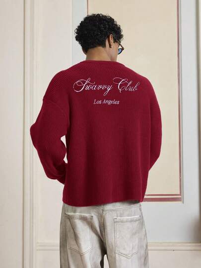 SWAVVY Suéter de manga larga con patrón de letras de moda para hombres, suéter rojo, sudadera de cuello redondo para hombres