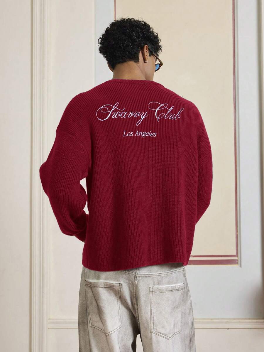 SWAVVY 男士时尚字母图案长袖针织毛衣 红色毛衣 男士圆领卫衣 - 紅色 - 查看 1