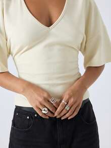 LYSMO 2026新款女士简约纯色喇叭袖衬衫，通勤/圣诞节/新年/感恩节/毕业典礼等场合百搭，优雅时尚，休闲舒适居家服，深V领设计，无花果色 - 彩色 - 查看 7