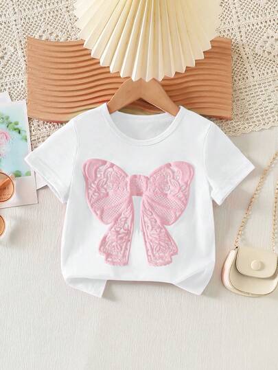SHEIN Playful Pals Girls' Casual Sweet Round Neck Short Sleeve Fitted Butterfly Print Versatile T-Shirt Butterfly Top Kids Butterfly Outfit Girls Girls Casual Printed Crew Neck Short Sleeve T Shirt Bows Girl Bow Shirt