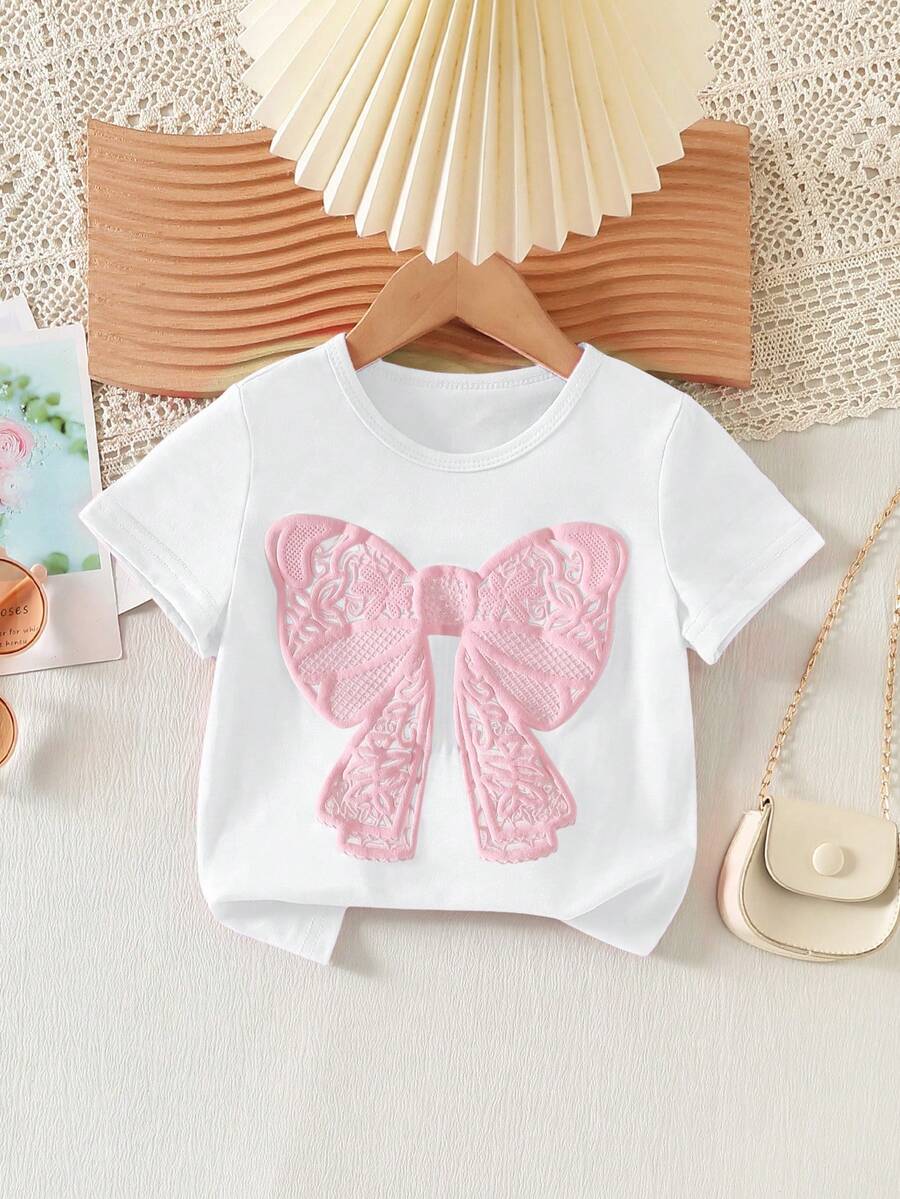 SHEIN Playful Pals 少女休闲甜美圆领短袖修身蝴蝶结印花百搭T恤