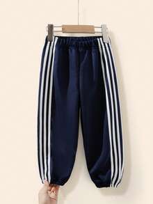 SHEIN Casuvi Kids 女童休闲撞色抽绳腰带松紧裤脚运动裤 - 彩色 - 查看 1