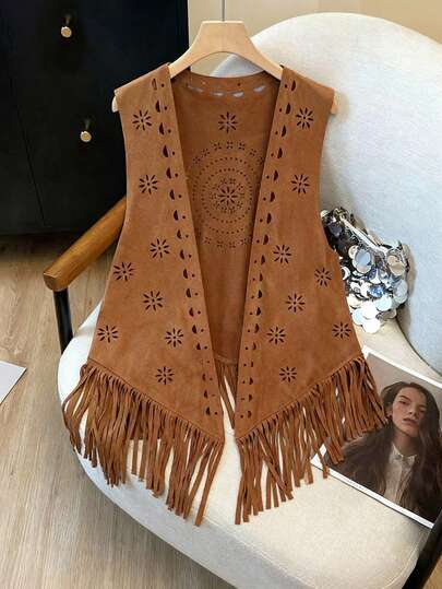 Franclia Chaleco sin mangas informal y elegante de estilo bohemio y americano con bordados, flecos y calados para mujeres de talla grande