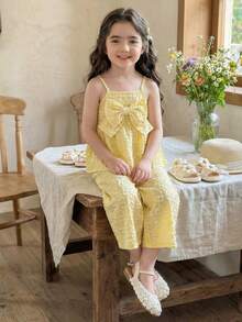 SHEIN LMoss Kids 女童日常休閒黃色聚酯纖維套裝，細肩帶背心上衣配荷葉邊下擺 - 黃色 - 查看 9