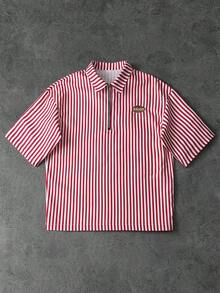 PAVTROS TOKUVE 男士休闲 Polo 衫，年轻时尚的拉链门襟 Polo 衫，简约休闲条纹面料，日常穿着，灵感源自 ，短袖翻领 T 恤/Polo 衫，适合音乐节、度假和日常穿搭，男士休闲衬衫，居家休闲，度假文化，可个性化定制，送给丈夫或男友的礼物 - 紅色 - 查看 3