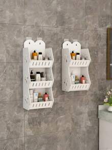 1个带挂钩的壁挂式浴室收纳架，白色塑料材质。多功能浴室壁挂式收纳架，防潮，大容量洗漱用品收纳架，浴室整理架，多层设计，不透水。适合存放洗漱用品、化妆品和牙刷。 - 白色 - 查看 3