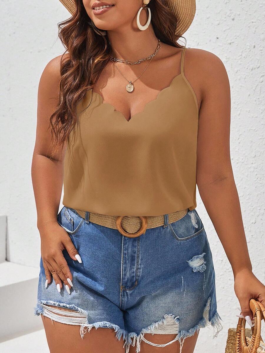 SHEIN Frenchy Áo camo dáng rộng, màu trơn, dây mảnh, viền ren, cỡ lớn, thoải mái cho mùa hè. - Màu Khaki - Xem 1