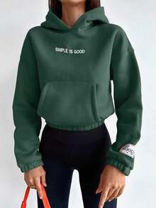 EURMUSE 100%Cotton Women's Letter Print Hooded Sweatshirt - Dark Green - View 4