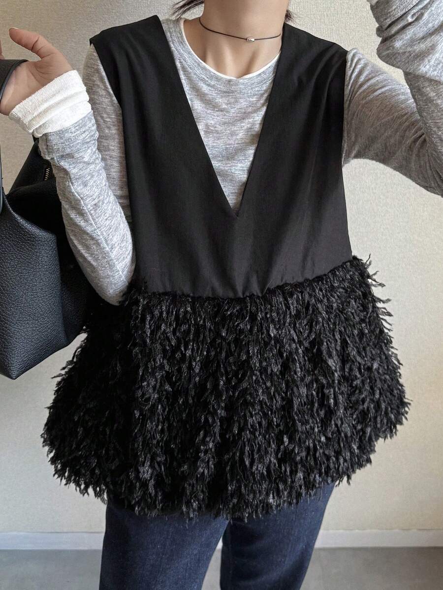 FRIFUL Áo tank top nữ màu đen không tay, phối vải lông xù, thiết kế xếp ly, dáng rộng thoải mái, đa năng, thích hợp mặc nhiều lớp vào mùa thu. - màu đen - Xem 1