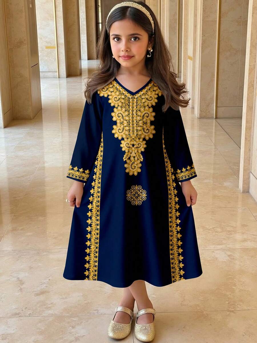 Elegant Vintage Burgundy Lace Print Dress For Young Girls, Suitable For Spring/Summer, Festive Occasions - White - View 1