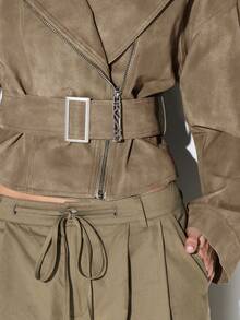 KIZN Cropped Suedette Biker Jacket With Belted Waist And High Neck Zipper Detail For Fall Winter - Brown - View 6