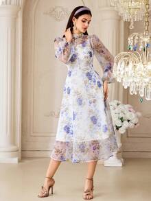 Modelyn Women's Floral Print Stand Collar Lantern Sleeve Elegant Mid-Length Dress - Blue - View 4