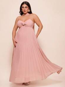 SHEIN BAE 大码女士粉色褶皱抹胸连衣裙，配颈巾，度假装 - 藕粉色 - 查看 5