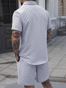 Manfinity Homme Men's Blue Gingham Summer Casual Vacation Holiday 2 Pieces Outfits,Button-Front Short Sleeve Shirt And Shorts Set,Grey Co Ord Set Summer Set For Men - Blue - View 2