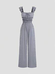 Sweetra Bộ jumpsuit nữ kiểu dáng retro thanh lịch, gợi cảm, màu xanh kẻ caro, xếp ly, thắt nơ ở eo, không tay, ống rộng, thoải mái, phù hợp cho đi làm, đi chơi, du lịch và mặc thường ngày. - Màu xanh lam - Xem 1