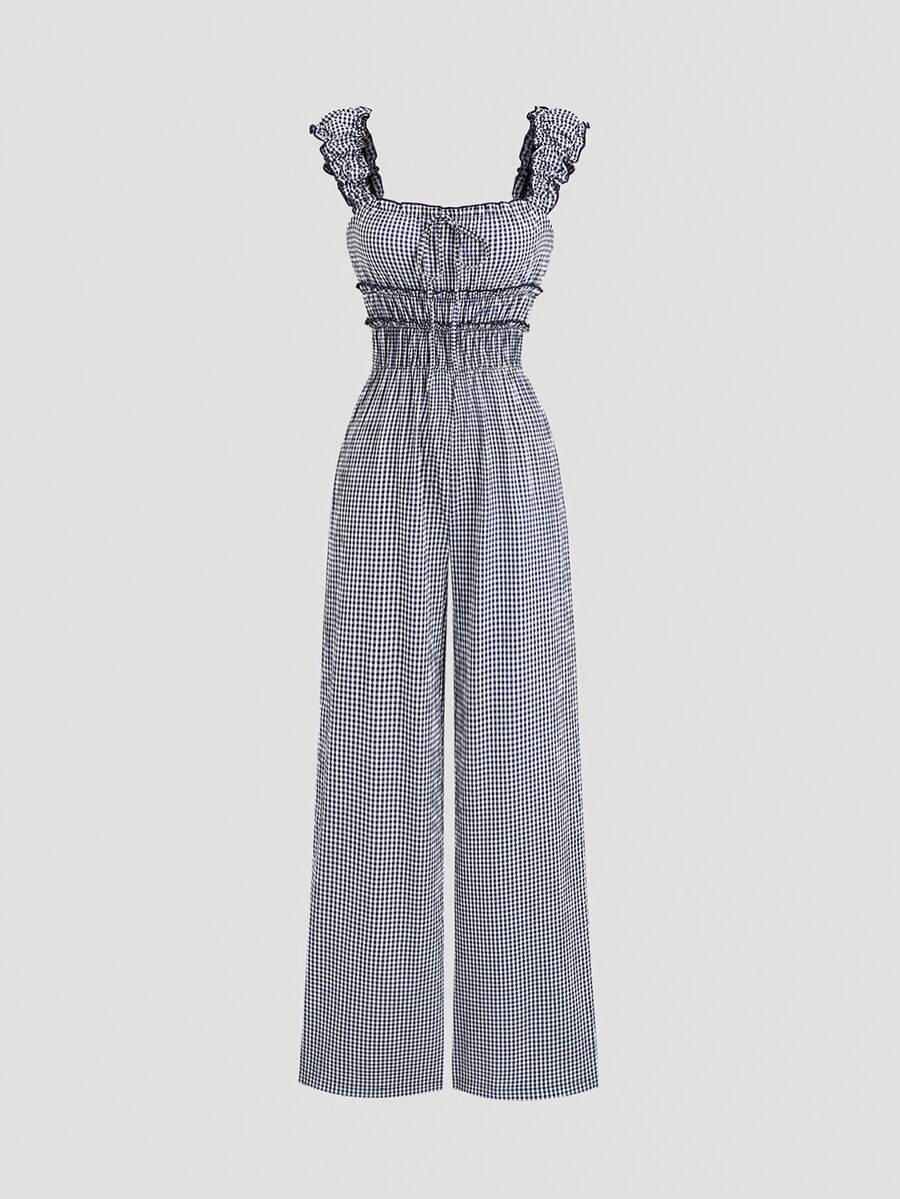 Sweetra Bộ jumpsuit nữ kiểu dáng retro thanh lịch, gợi cảm, màu xanh kẻ caro, xếp ly, thắt nơ ở eo, không tay, ống rộng, thoải mái, phù hợp cho đi làm, đi chơi, du lịch và mặc thường ngày. - Màu xanh lam - Xem 1