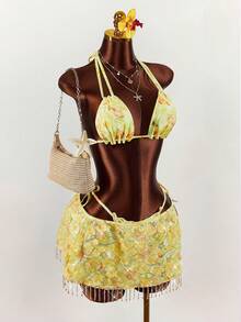 Amplova 3pcs Women's Sequin Embroidered Sexy Swimsuit Set, Fashionable For Vacation, Shiny Yellow - Multicolor - View 7