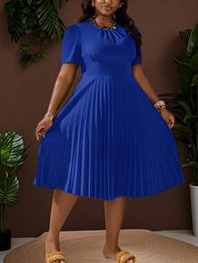 Slaydiva 大码女式纯色短款泡泡袖褶裥下摆连衣裙，夏季连衣裙 - 寶藍色 - 查看 12