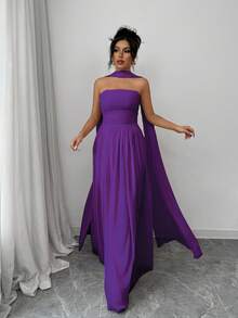 1件女士纯色吊带连衣裙，带褶皱细节，优雅无袖长款连衣裙，女士套装 - 紫色 - 查看 3