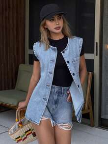 DAZY Women's Round Neck Sleeveless Urban Casual Tank Top, Vacation Style - Light Wash - View 2