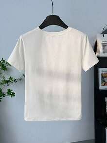 Coffee Drink Embroidery, Coffee Bean Embroidery Round Neck Women's Printed T-Shirt - White - View 2
