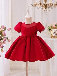 Glamorique Kids Váy ngắn tay bằng vải satin và lưới cao cấp cho bé gái, màu đỏ tía, thích hợp cho Giáng sinh, Halloween, tiệc tùng, sinh nhật, tiệc tối và biểu diễn cho bé gái - Màu Đỏ Sâu - Xem 4