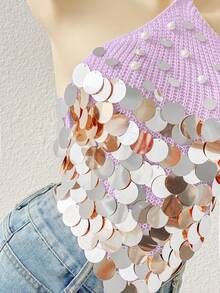 Sunnyshic Sexy Versatile Vacation Style Beaded Halter Knit Top - Purple - View 6