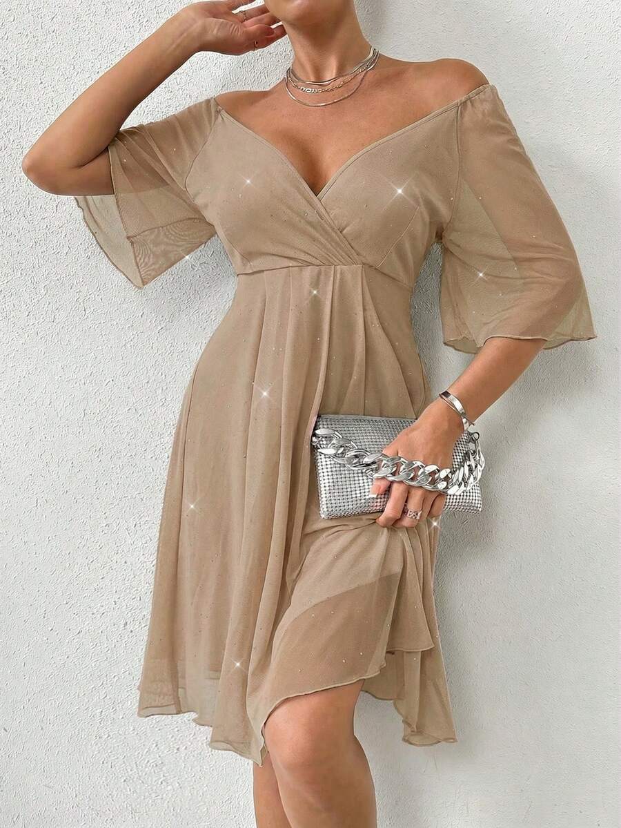 Rafferiza Mesh Embossed Ruffle Sleeve Waist Cinched Mini Dress - Khaki - View 1