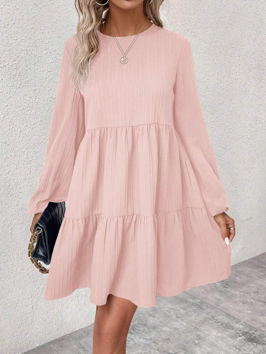 EMERY ROSE Solid Color Round Neck Long Sleeve Loose Casual Dress - Pink - View 1