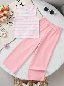 SHEIN Genkimix Kids 2pcs/Set Toddler Girls' Sleeveless Striped Heart Decor Tank Top And Wide Leg Pants, Casual And Comfortable Summer Outfit For Outdoor, Daily Wear And Playtime Pink Striped Top Kids Light Pink Pants Kids Girls Clothes Set - Pink - View 7