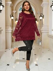 EMERY ROSE Áo thun dài tay ren thanh lịch dành cho nữ cỡ lớn - Màu Đỏ Sâu - Xem 6